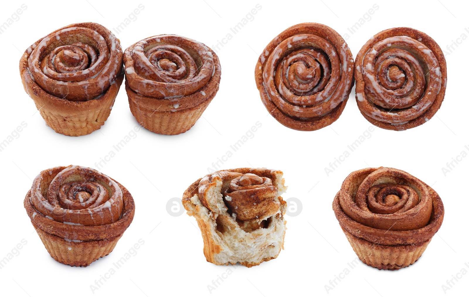 Image of Tasty cinnamon rolls isolated on white, set