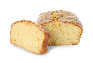 Photo of Tasty cut lemon cake with glaze isolated on white