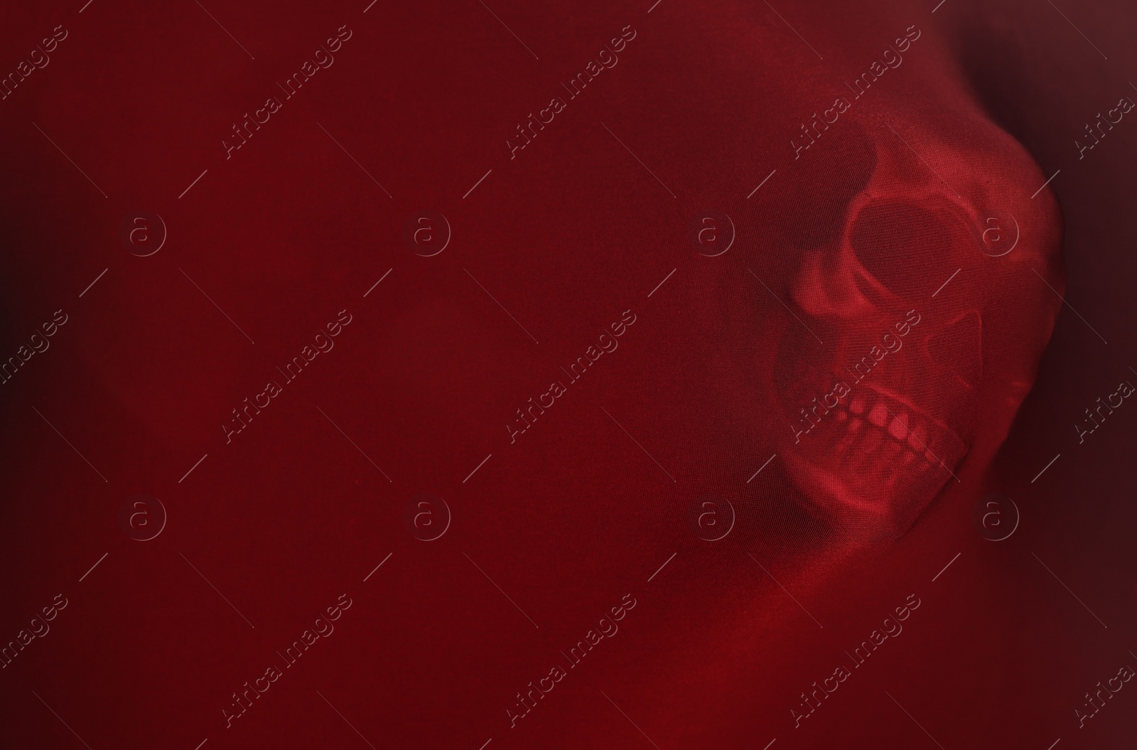 Photo of Silhouette of creepy ghost with skull behind red cloth. Space for text