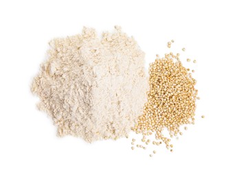 Photo of Pile of quinoa flour and grains isolated on white, top view