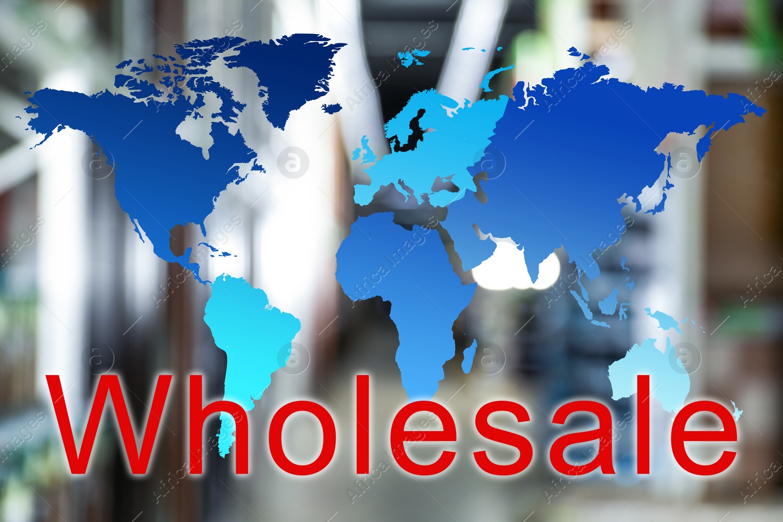 Image of Wholesale business. World map and blurred view of warehouse on background