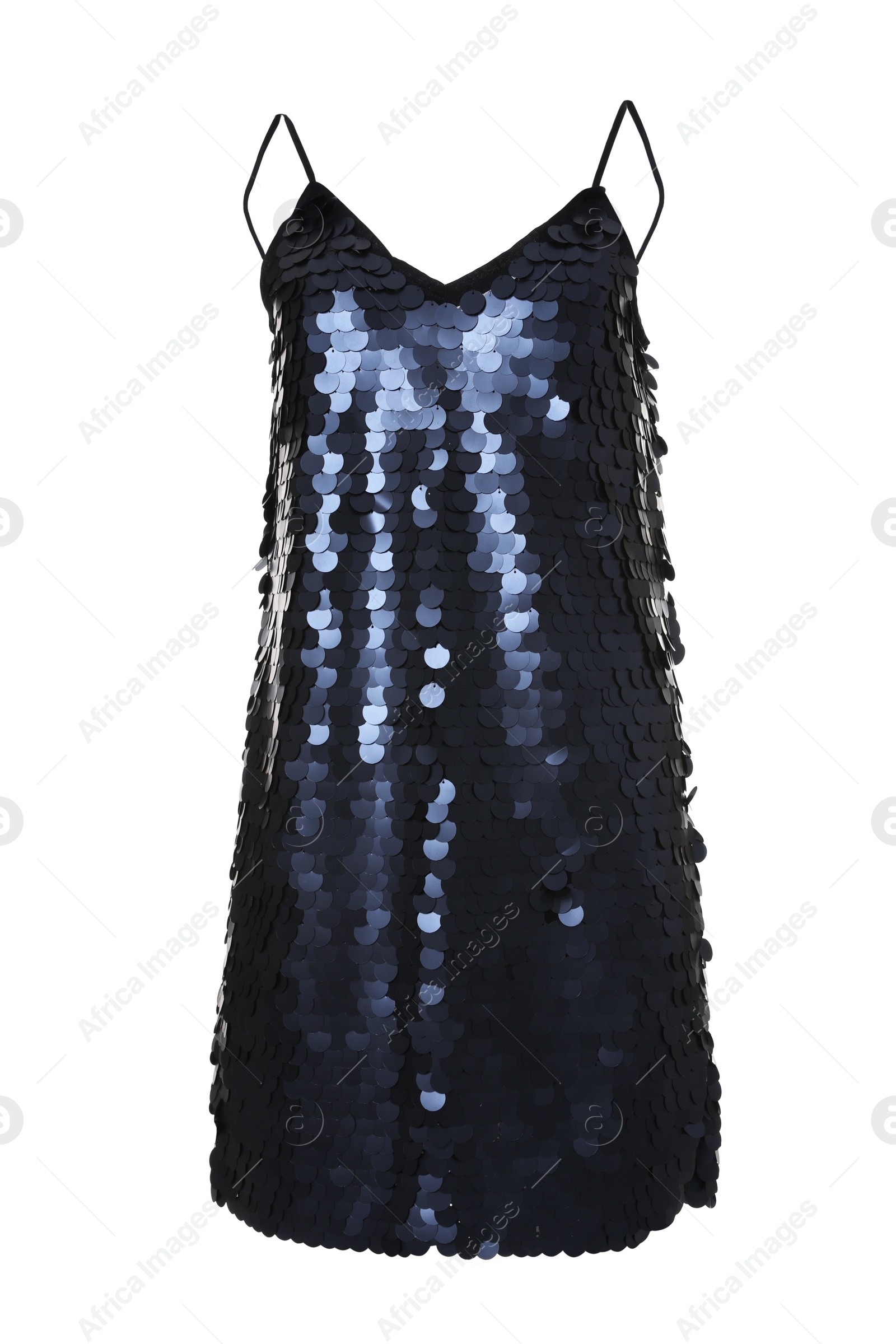 Photo of Elegant black paillette dress on white background