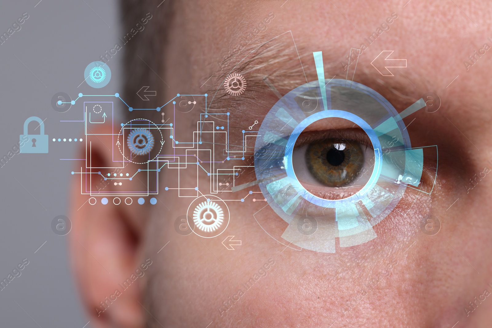 Image of Vision test. Man and digital scheme focused on his eye against grey background, closeup