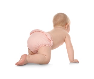 Cute little baby crawling on white background