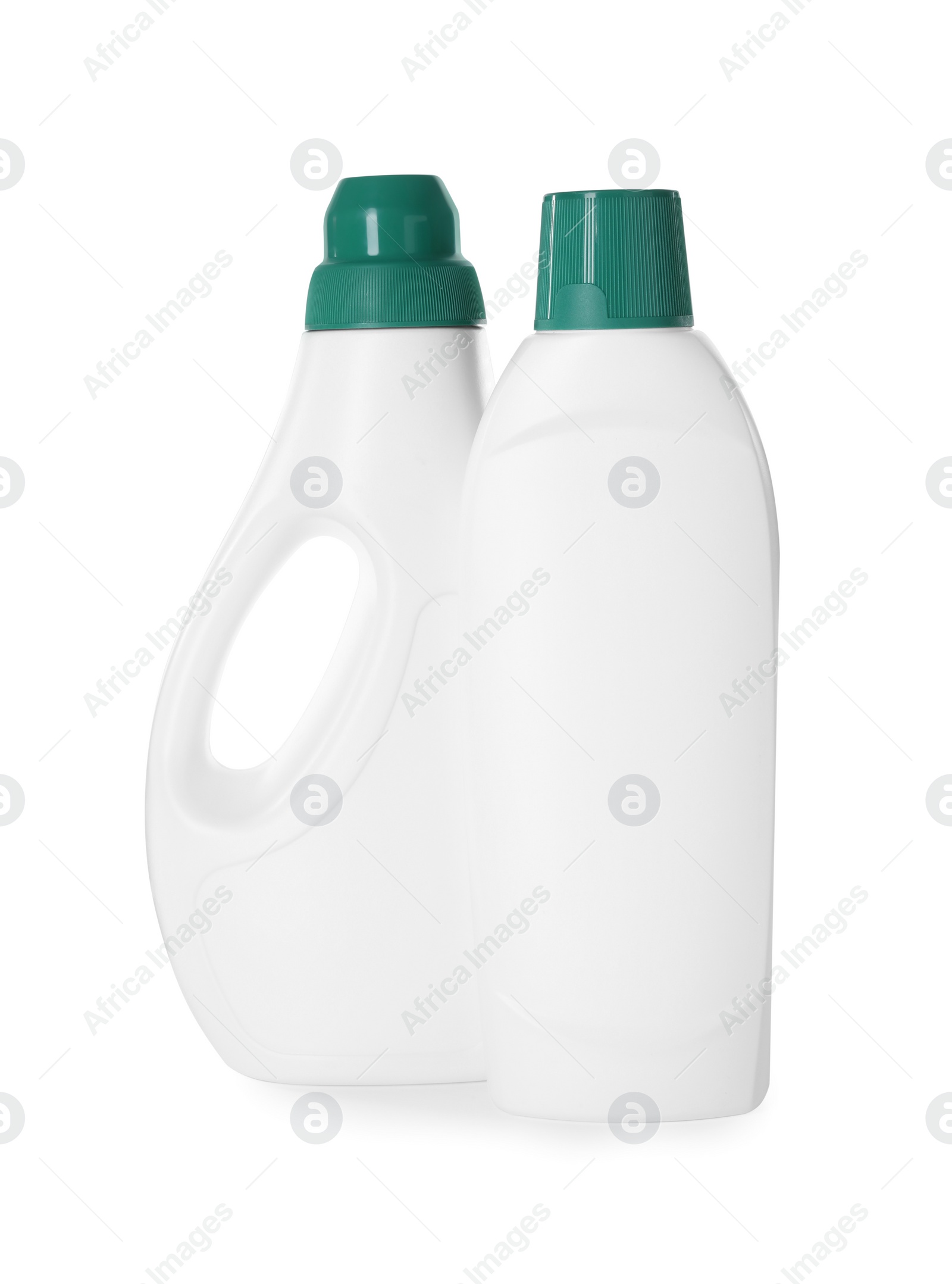 Photo of Bottles of cleaning product isolated on white