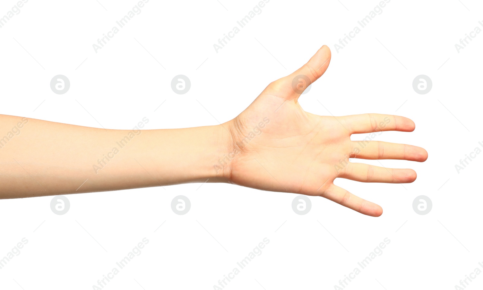 Photo of Young woman showing hand on white background, closeup