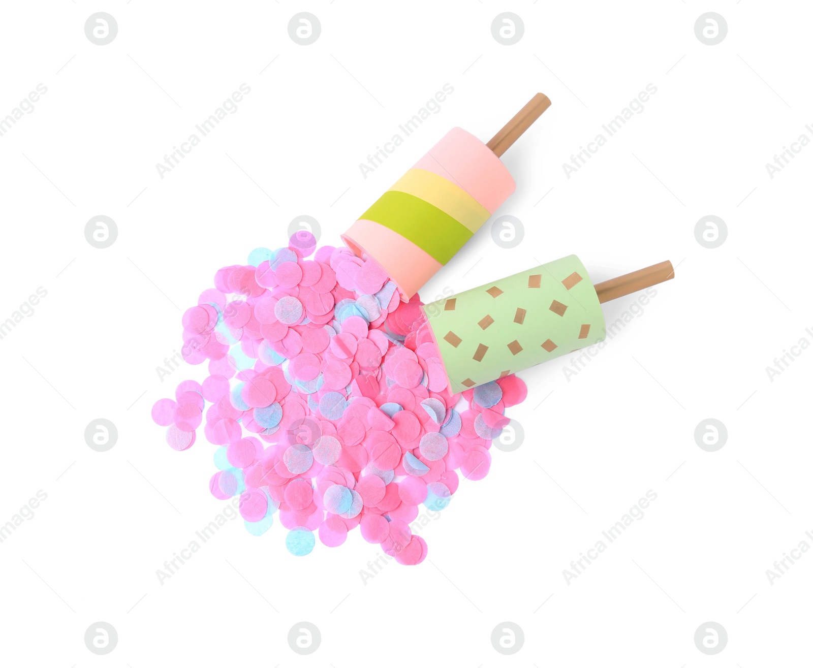 Photo of Colorful confetti with bright party crackers isolated on white, top view