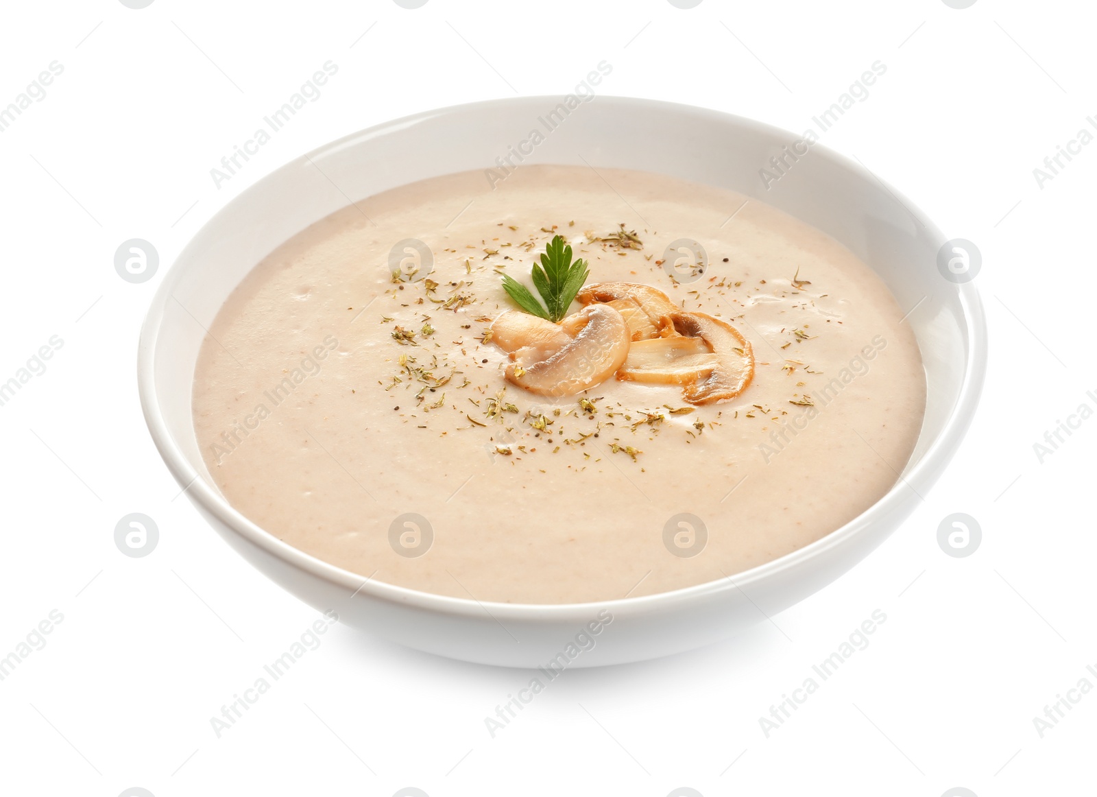 Photo of Dish with mushroom cream soup on white background. Healthy food