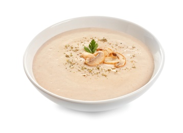 Dish with mushroom cream soup on white background. Healthy food