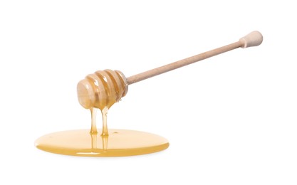 Photo of Natural honey dripping from dipper on white background