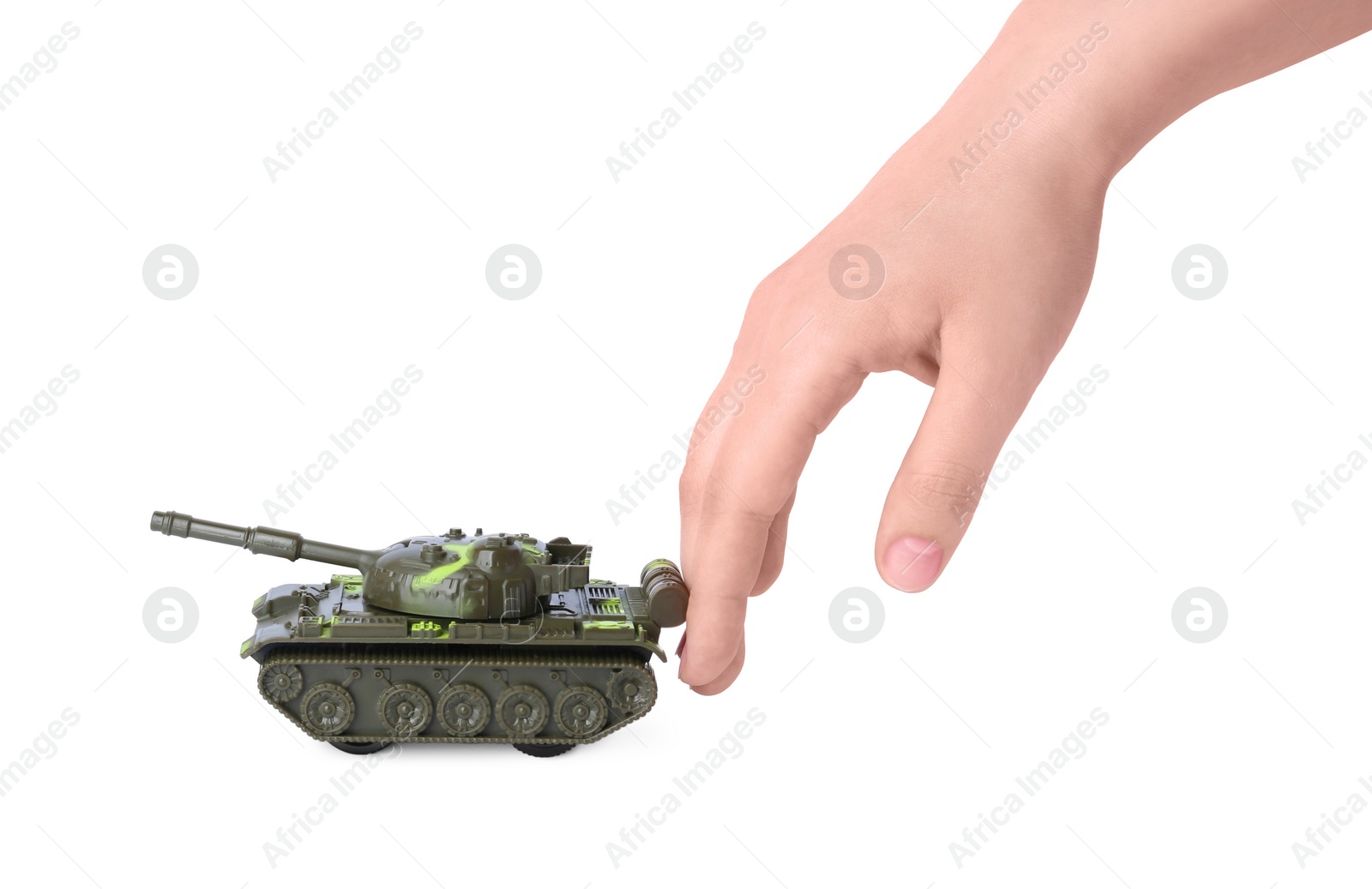 Photo of Man with toy tank on white background, closeup