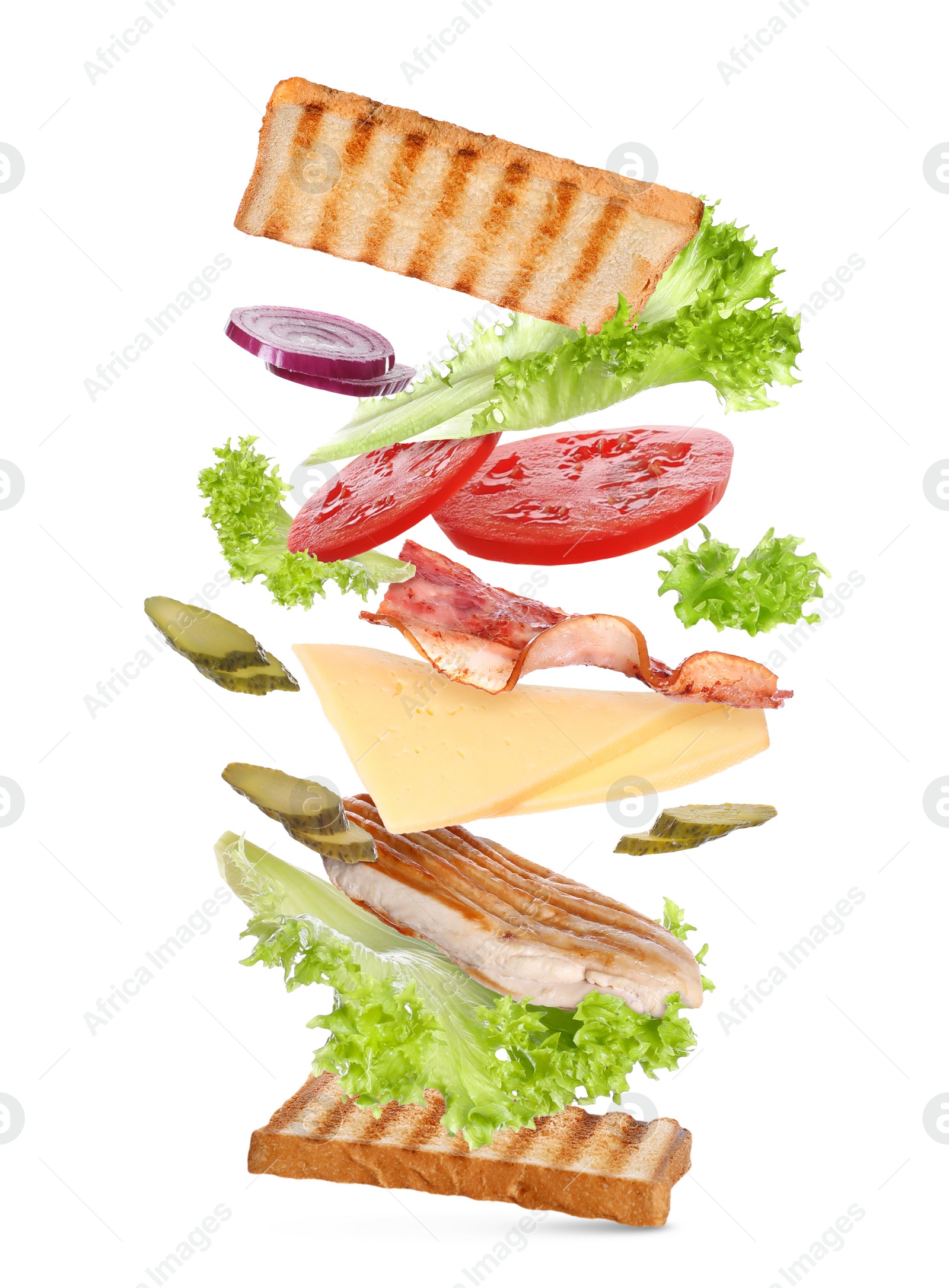 Image of Delicious sandwich with toasted bread on white background