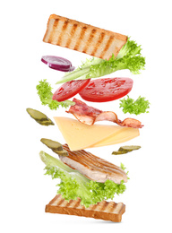 Image of Delicious sandwich with toasted bread on white background