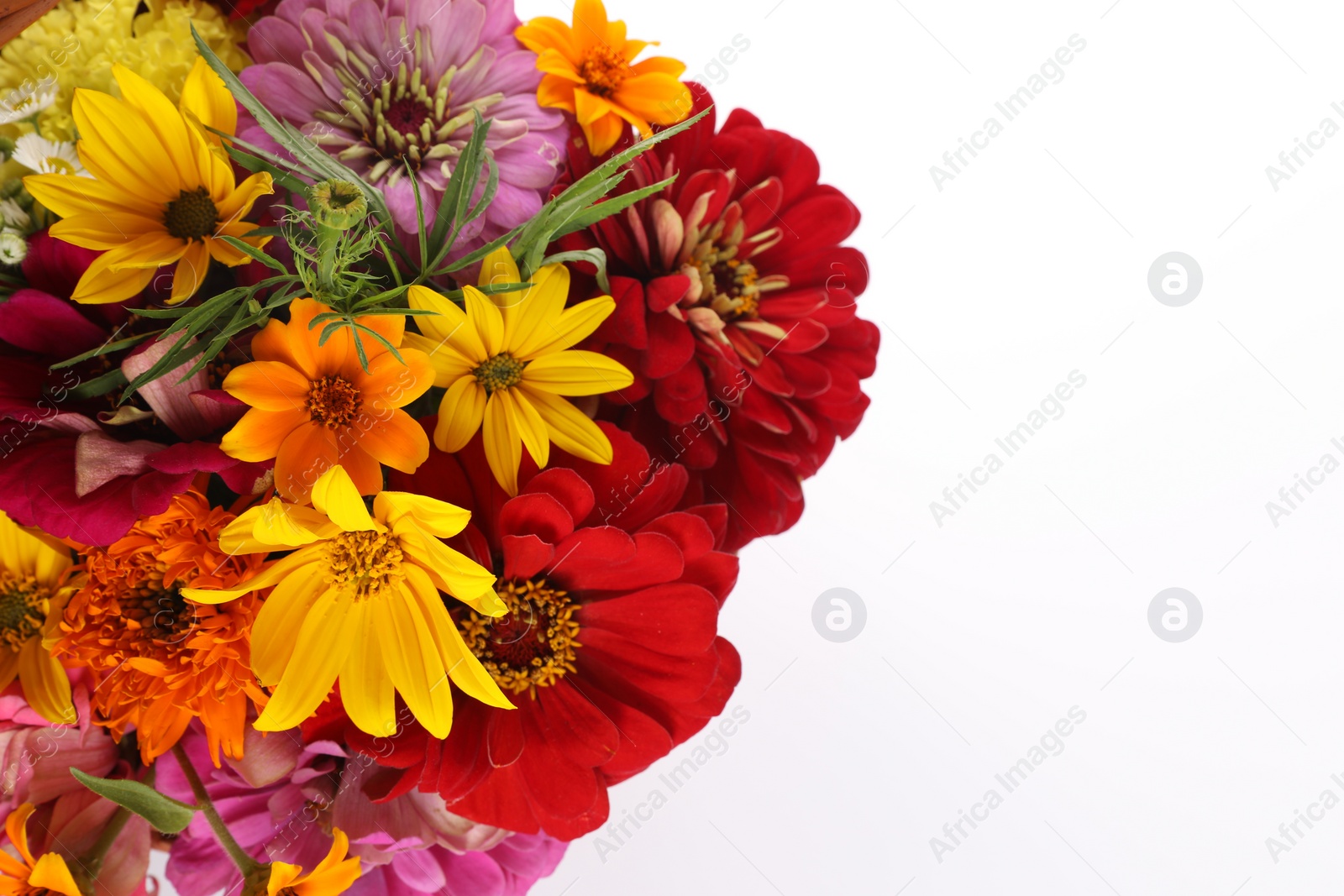 Photo of Bouquet of beautiful wild flowers isolated on white, top view