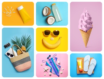 Collage with ice cream, fruits and beach accessories. Summer time