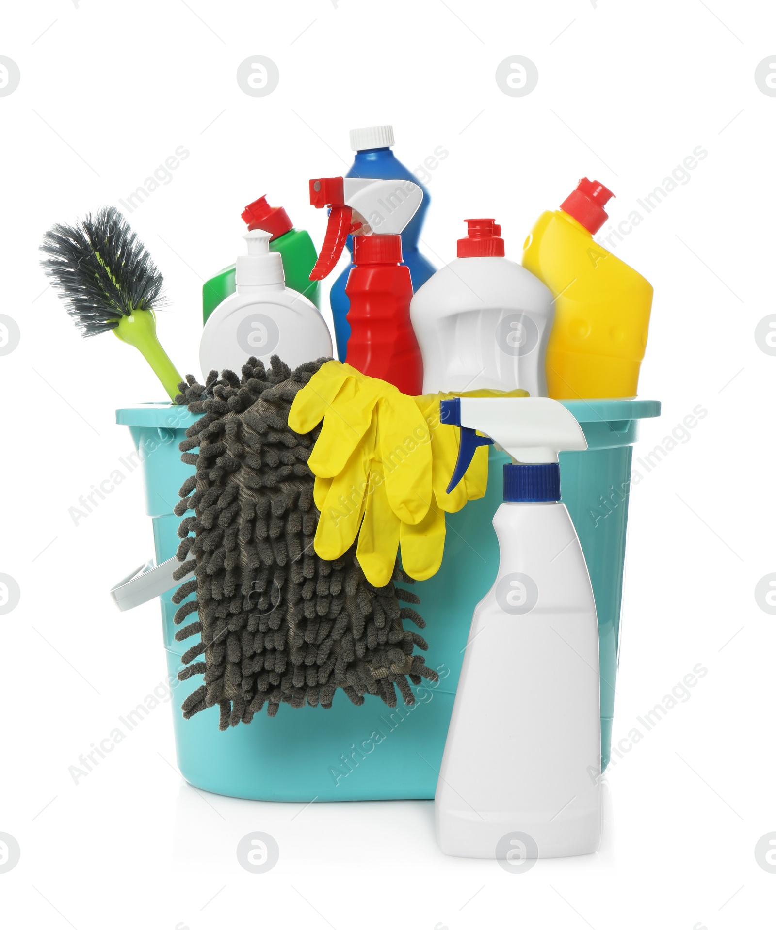 Photo of Bucket with different cleaning products and tools on white background