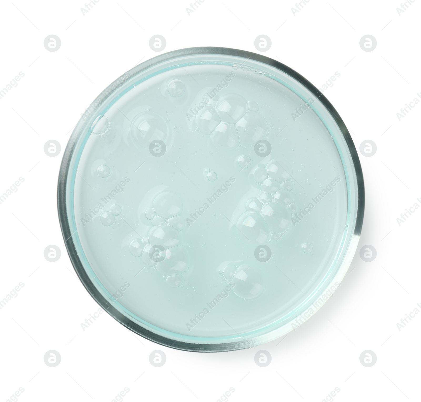 Photo of Petri dish with light blue liquid sample on white background, top view