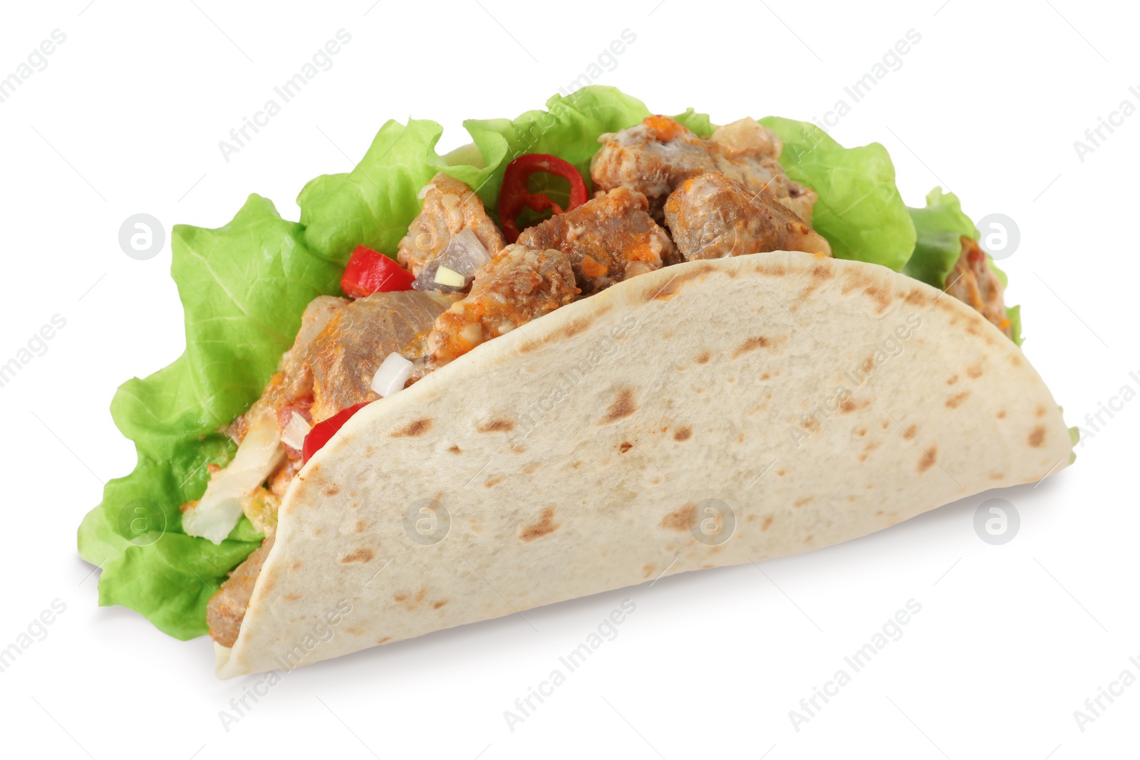 Photo of Delicious taco with meat and vegetables isolated on white