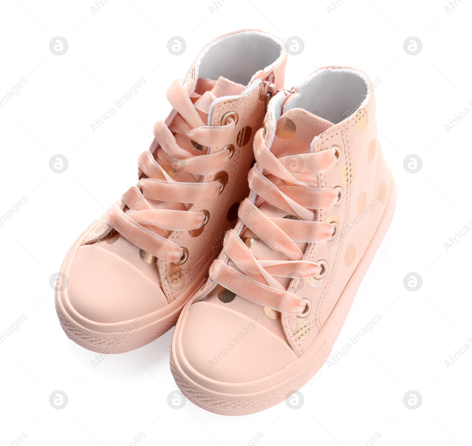 Photo of Pair of stylish child shoes on white background