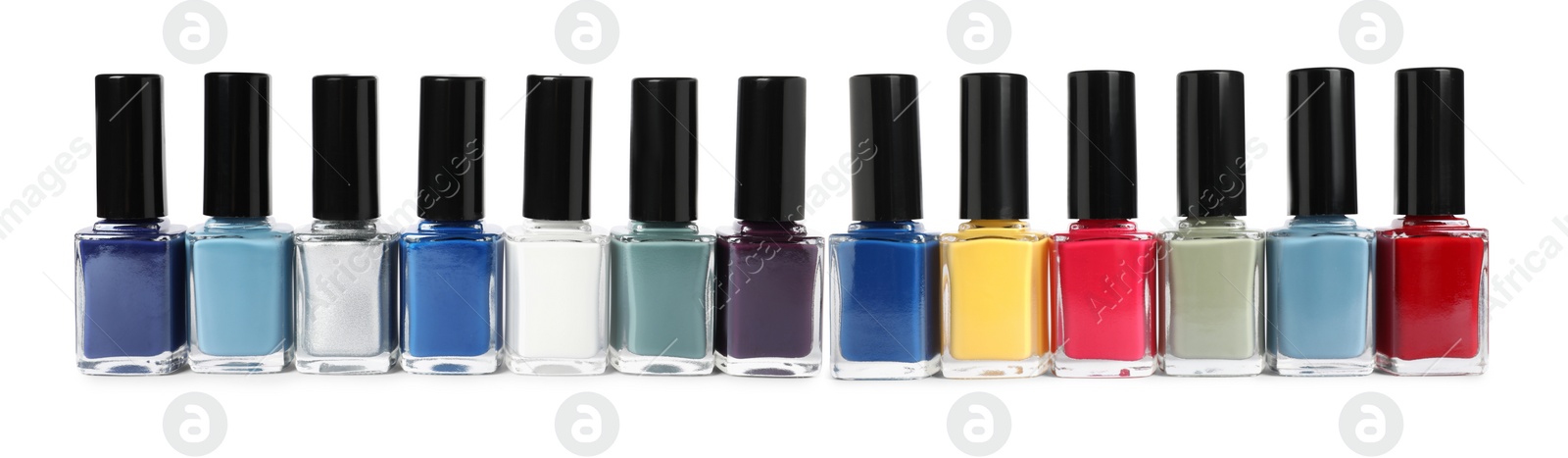 Image of Nail polishes of different colors isolated on white, collection