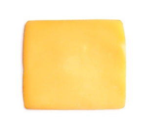 Slice of tasty cheese on white background, top view