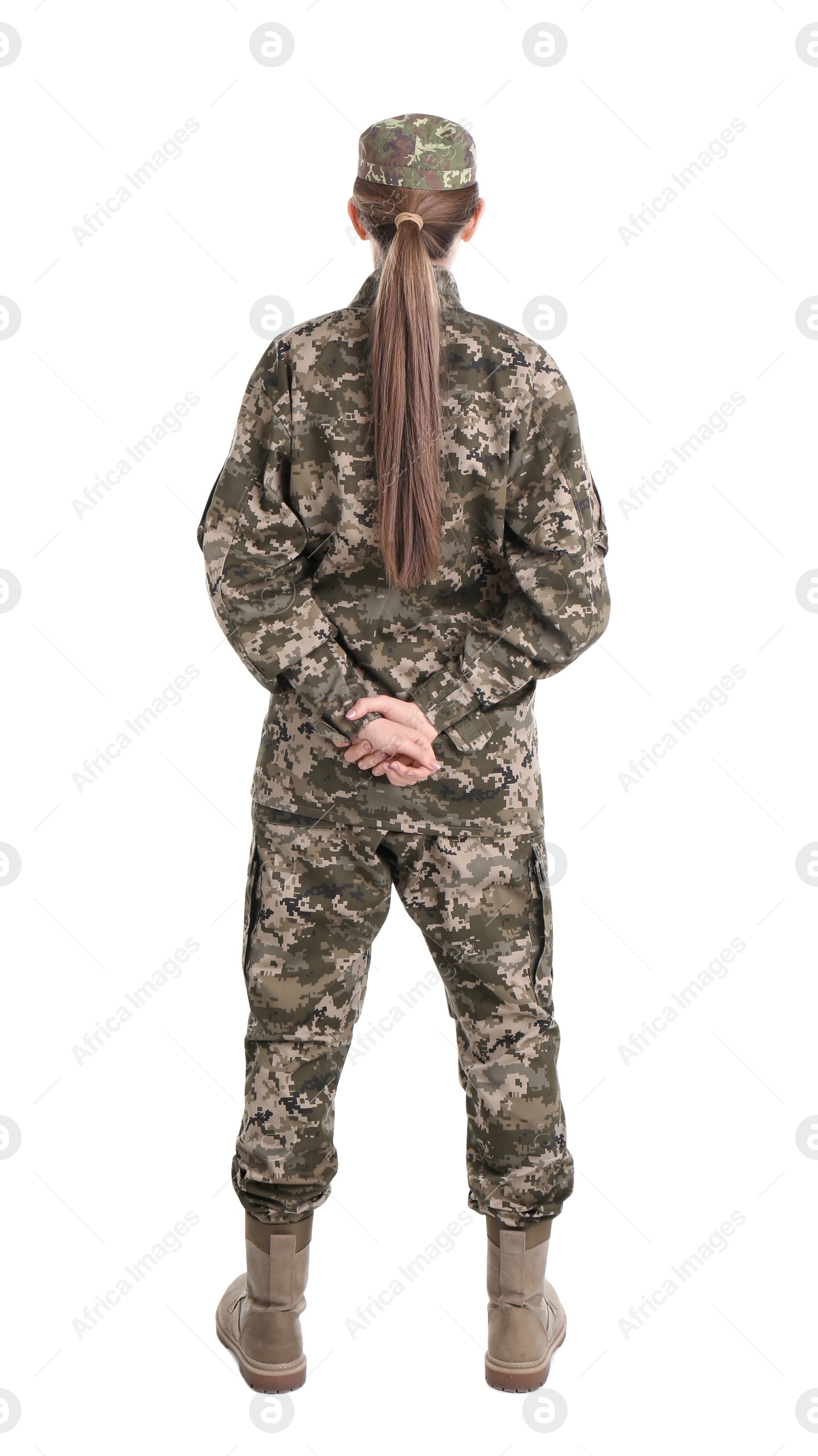 Photo of Female soldier on white background. Military service