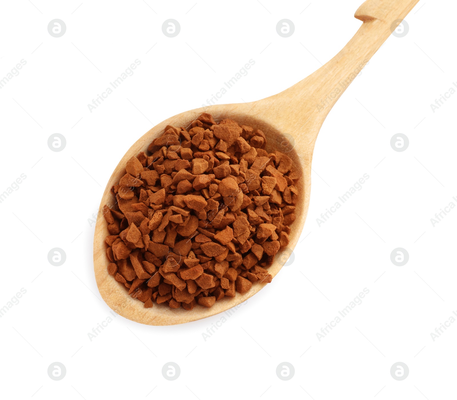 Photo of Wooden spoon with aromatic instant coffee isolated on white, top view