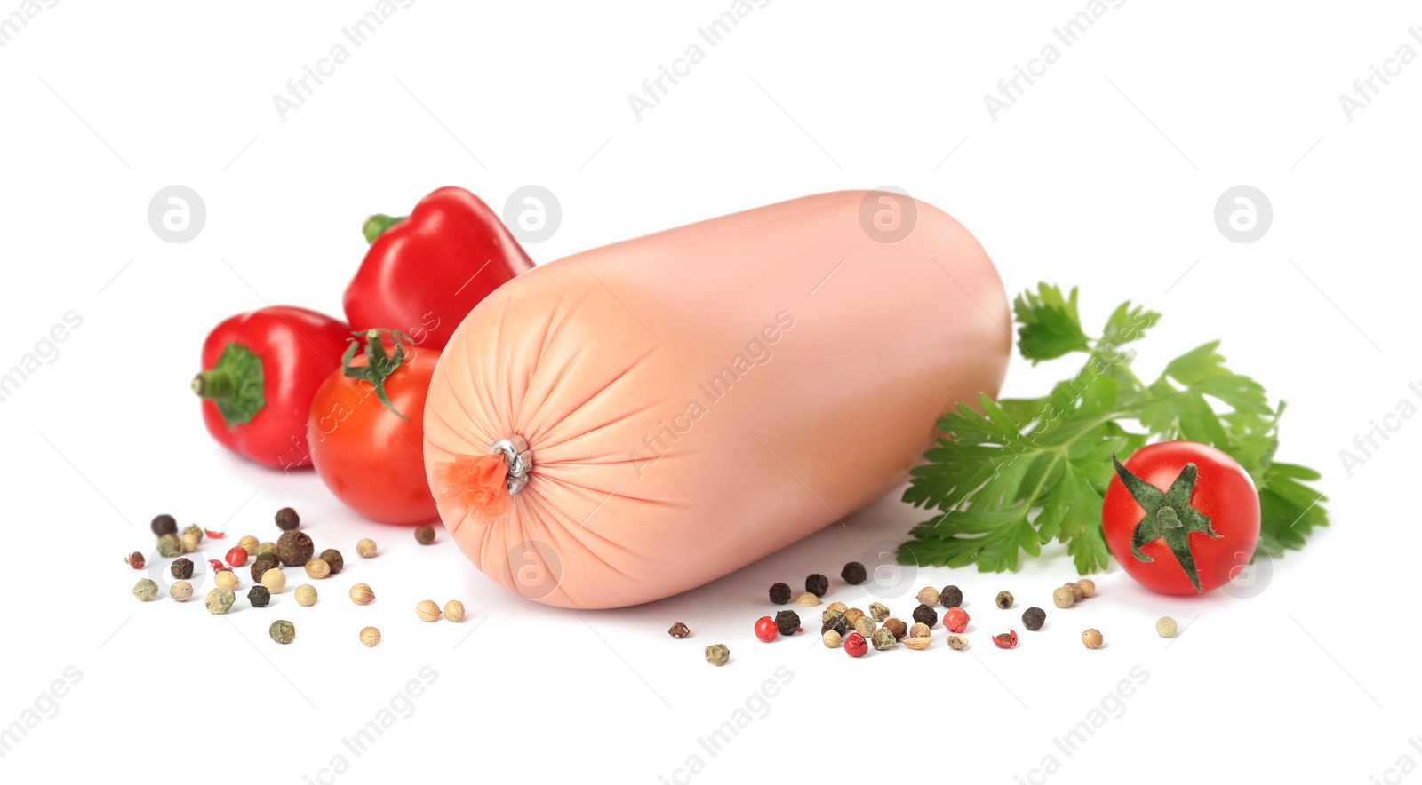 Photo of Tasty boiled sausage with vegetables, parsley and peppercorns on white background
