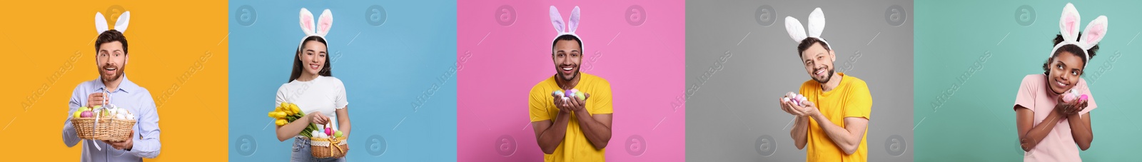 Image of Photos of people with Easter eggs and bunny ears headbands on different color backgrounds. Collage design