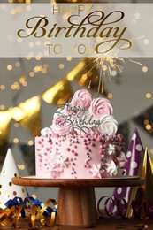 Image of Happy Birthday! Beautiful cake with burning sparkle and decor on wooden table