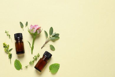Photo of Bottles of essential oils, different herbs and rose flower on beige background, flat lay. Space for text