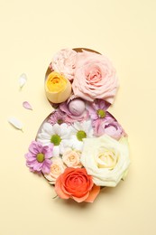 Photo of 8 March greeting card design with flowers, top view. Happy International Women's Day