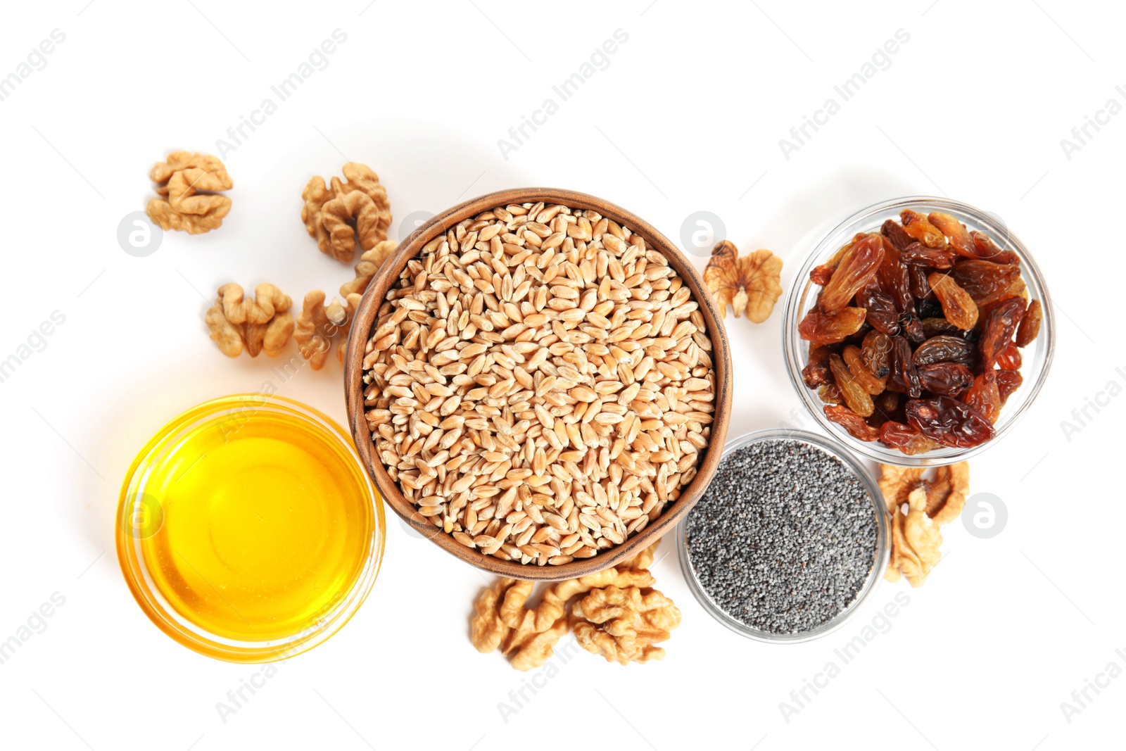 Photo of Ingredients for traditional kutia on white background, top view