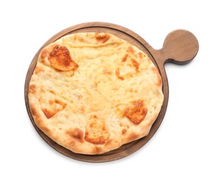 Photo of Delicious khachapuri with cheese on white background, top view