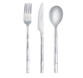 Image of Shiny silver cutlery set on white background, top view