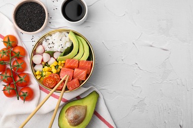 Photo of Delicious poke bowl with salmon, avocado and vegetables on white textured table, flat lay. Space for text