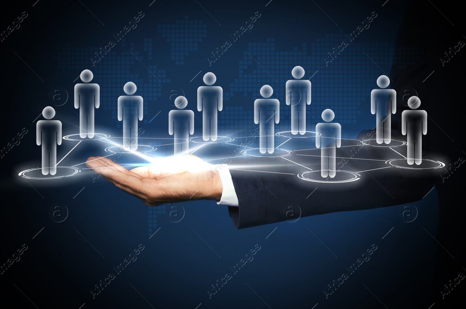 Image of Man demonstrating virtual structure of organization, closeup. Business corporation