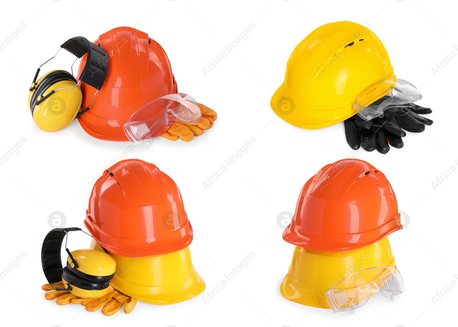 Image of Safety equipment, collection. Hard hats, gloves, protective headphones and goggles isolated on white