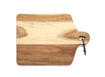 Photo of Wooden cutting board isolated on white, top view. Cooking utensil