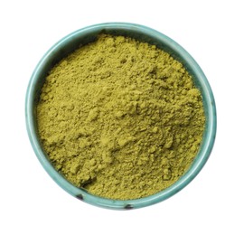 Photo of Henna powder in bowl isolated on white, top view