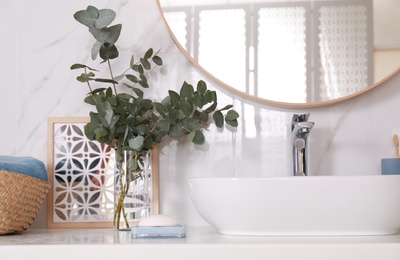 Photo of Stylish bathroom interior with beautiful eucalyptus branches and vessel sink
