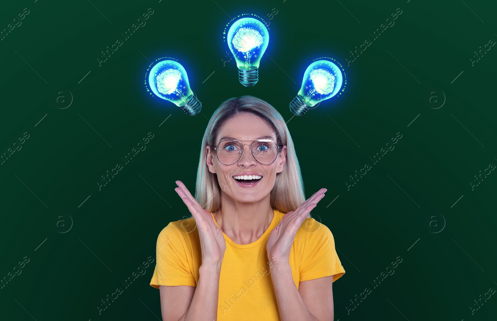 Image of Idea generation. Woman on green background. Illustrations of light bulb over her