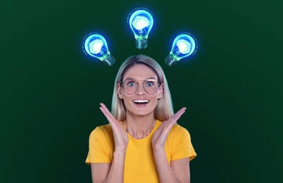Idea generation. Woman on green background. Illustrations of light bulb over her