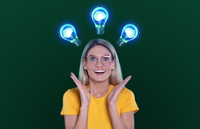 Image of Idea generation. Woman on green background. Illustrations of light bulb over her