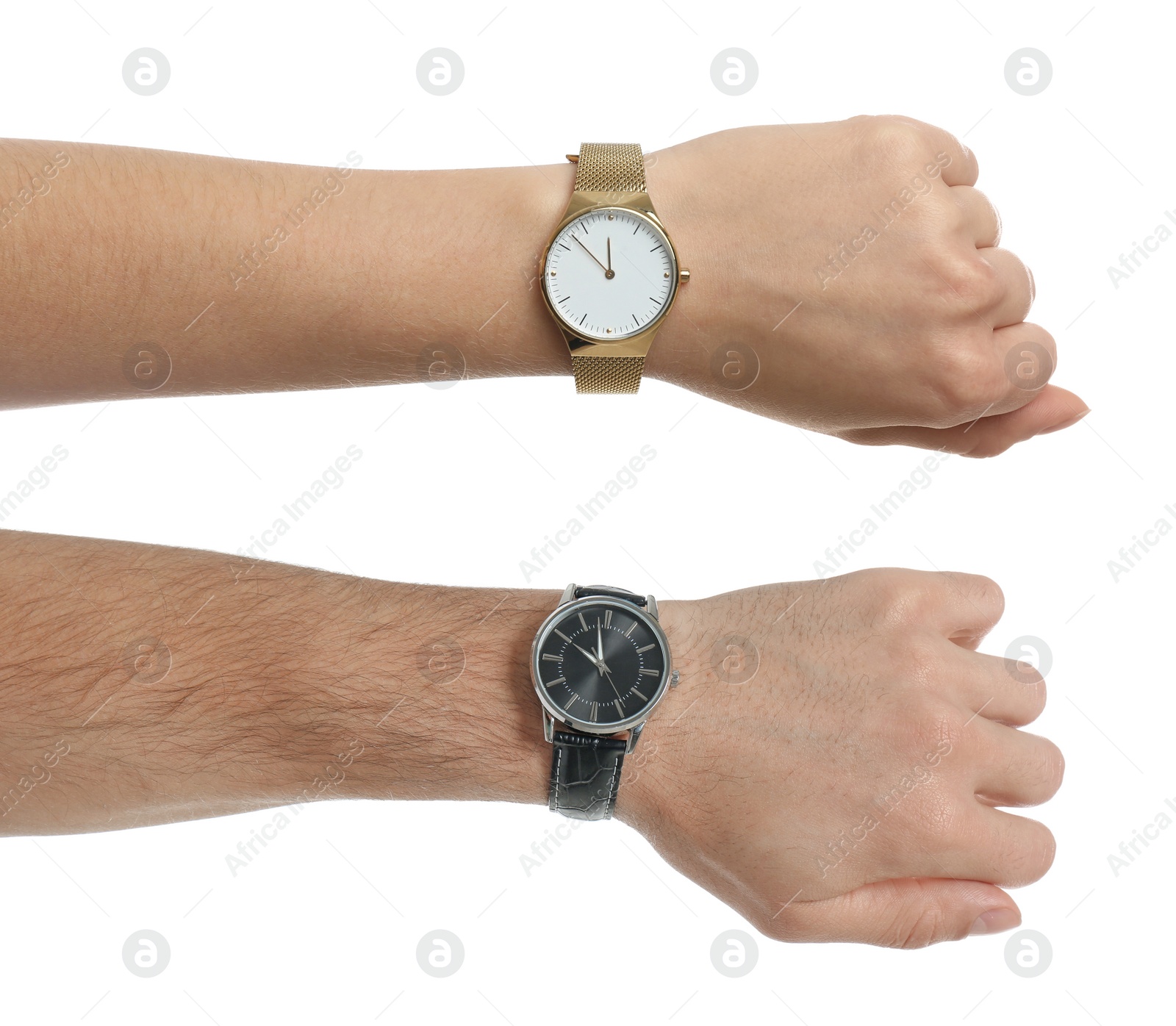 Image of Collage with photos of people wearing wristwatches on white background, closeup