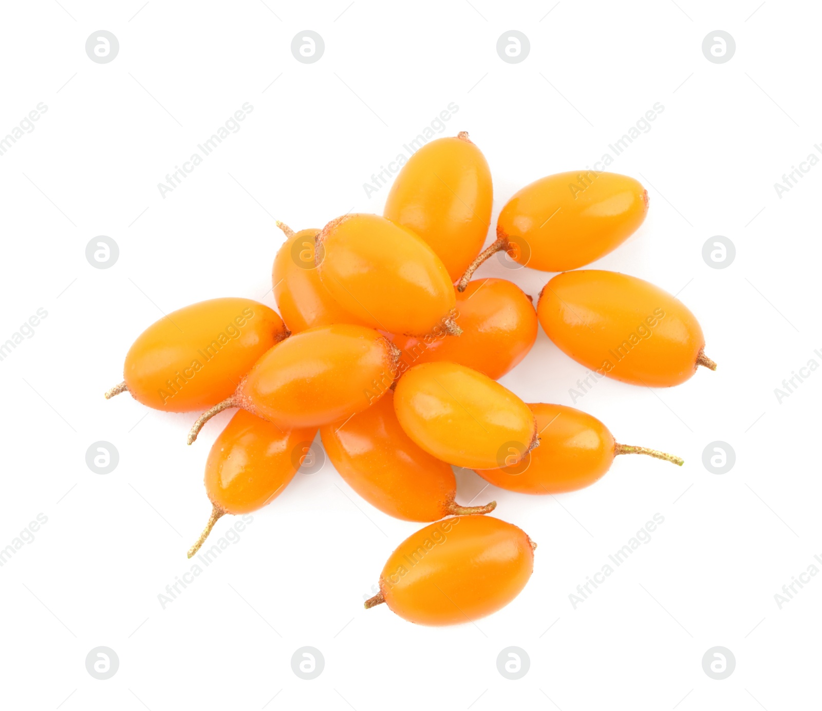 Photo of Fresh ripe sea buckthorn berries on white background, top view