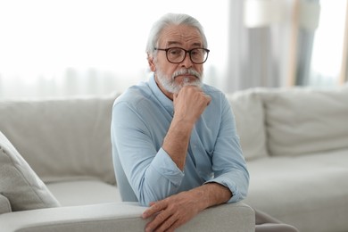 Portrait of grandpa with stylish glasses on sofa indoors