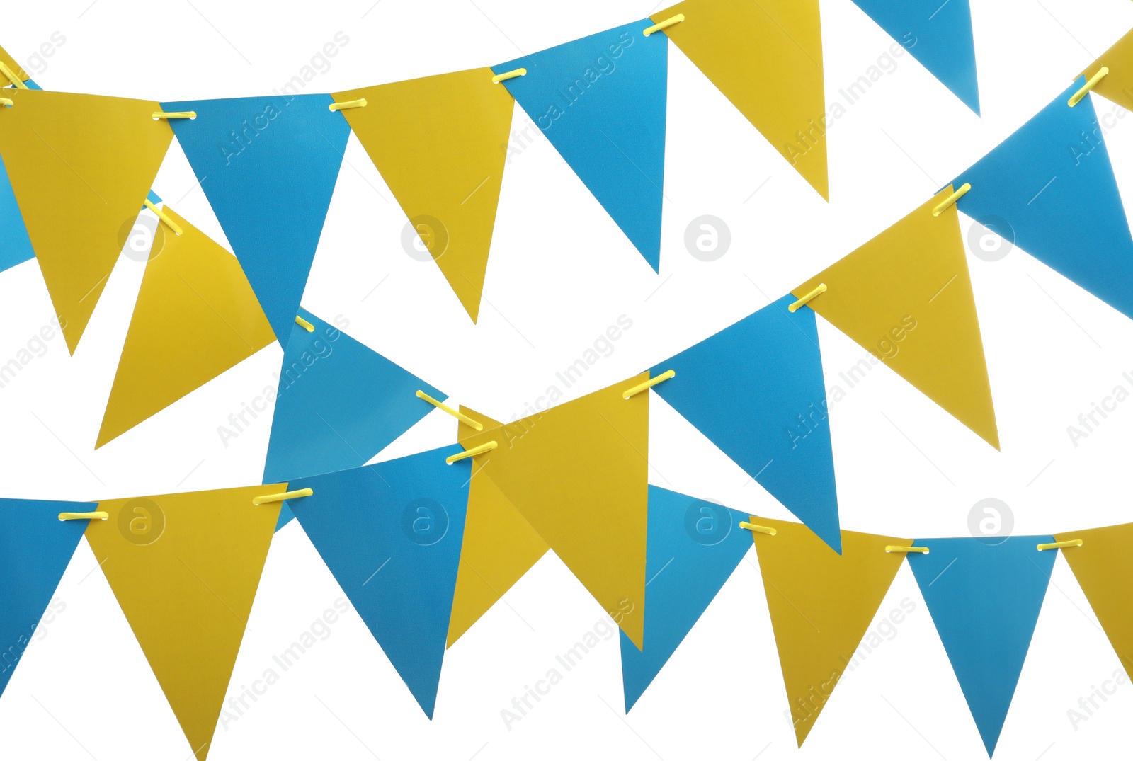 Photo of Rows of triangular bunting flags on white background. Festive decor