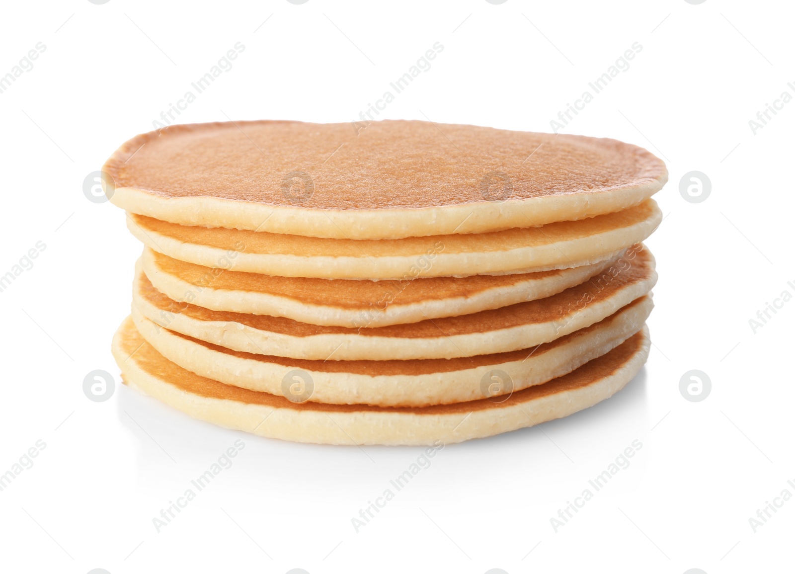 Photo of Stack of hot tasty pancakes on white background