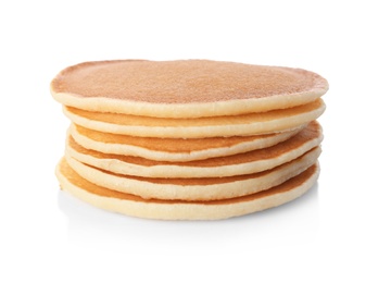 Stack of hot tasty pancakes on white background